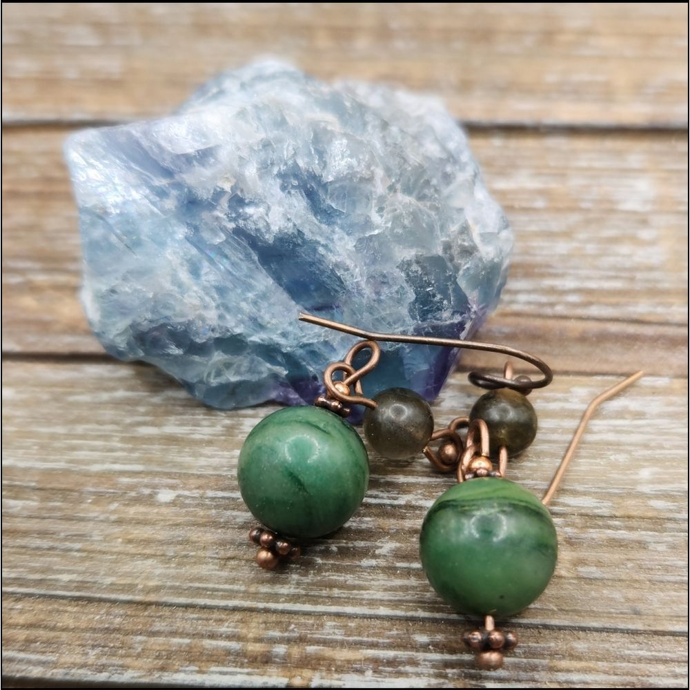 African Jade, Laboridite and Copper Drop Earrings - Picture 1 of 2